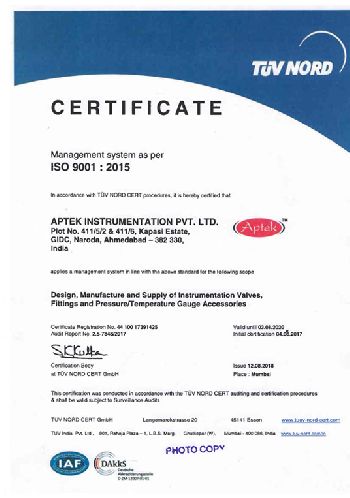 Aptek Instrumentation Pvt. Ltd. - Certificates