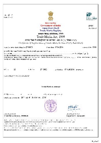Trade Mark registration certificate