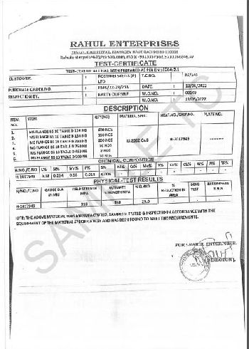 Rahul Enterprises Test Certificate