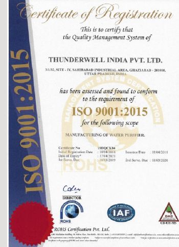 Thunderwell India Pvt. Ltd is An Iso 9001:2015 Certified Company of Ro Water Purifiers