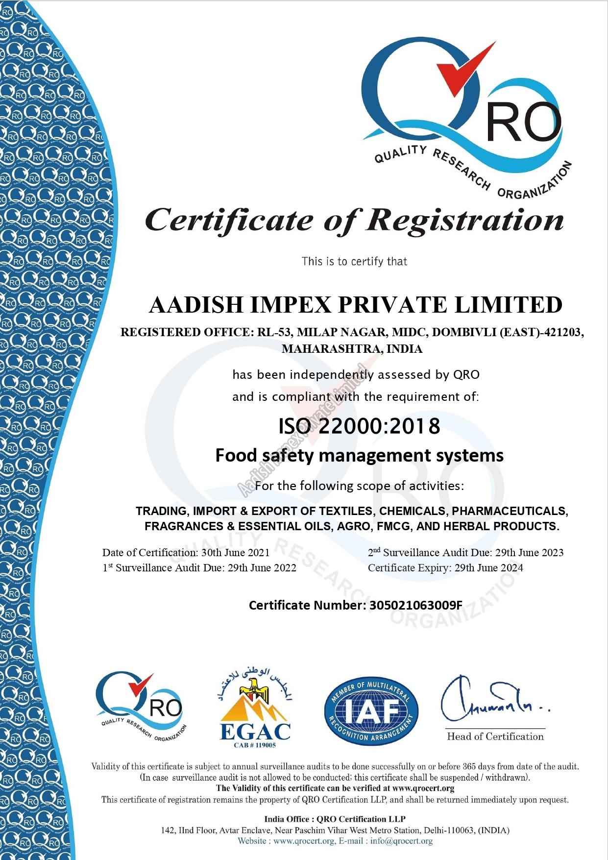 ISO Certificate 22000-2018