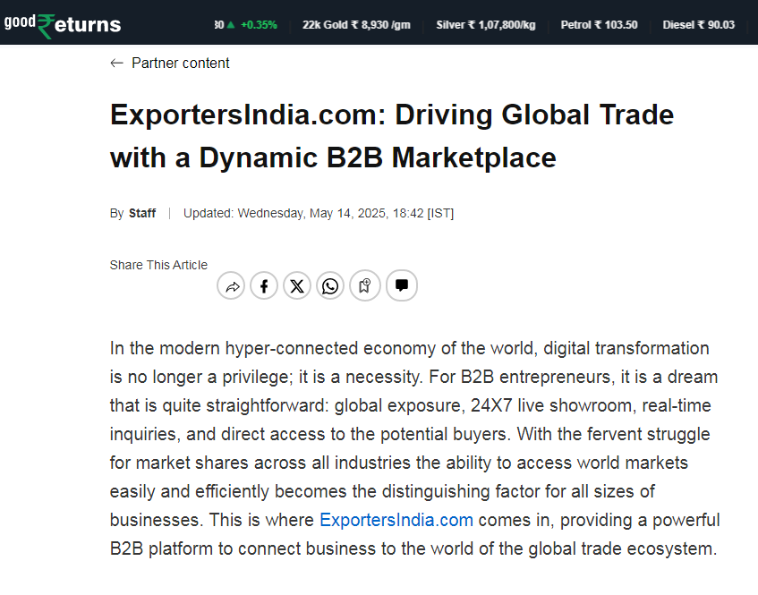 ExportersIndia.com: Driving Global Trade with a Dynamic B2B Marketplace