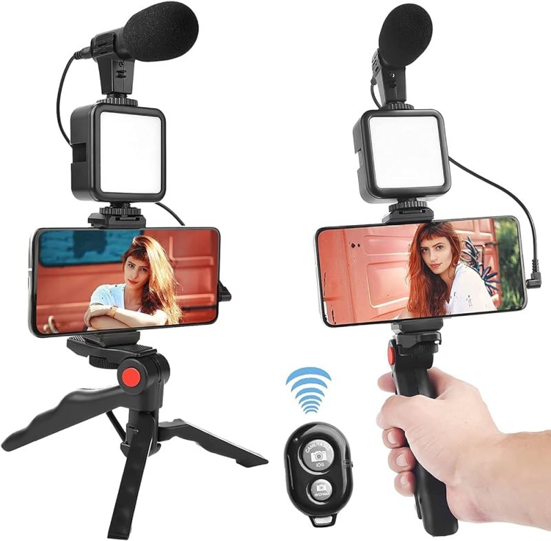 Vlogging Kit For Video Making Auxiliary Mic, Mini Tripod Stand, LED Light & Phone Holder