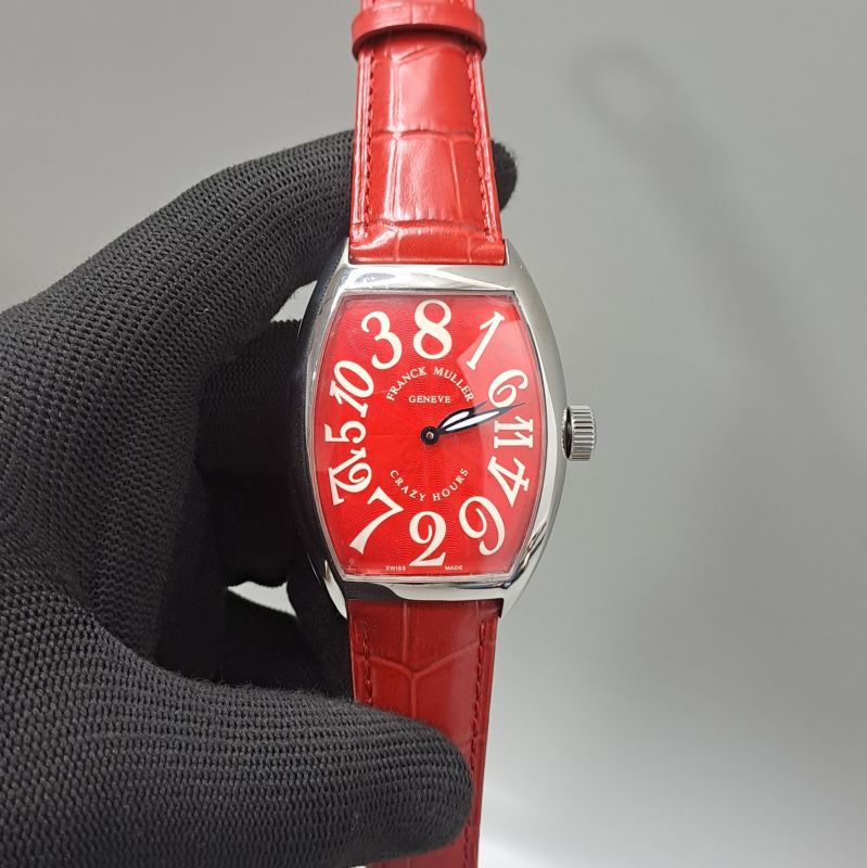 Franck Muller Crazy Hours Silver Red Dial Red Leather Strap Swiss Automatic Watch