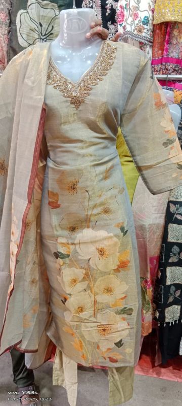 Flower Printed Organza Silk Work Kurti Pant Set