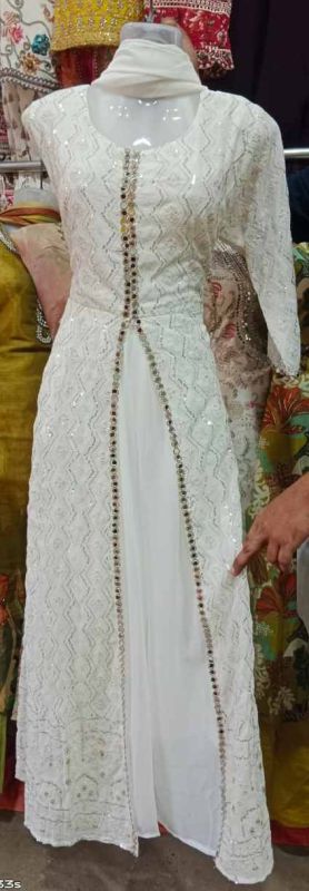 White Front Cut Ladies Georgette Kurti Pant Set