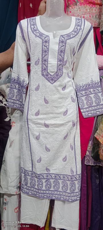 White Purple Rayon Chikankari Kurti Pant Set