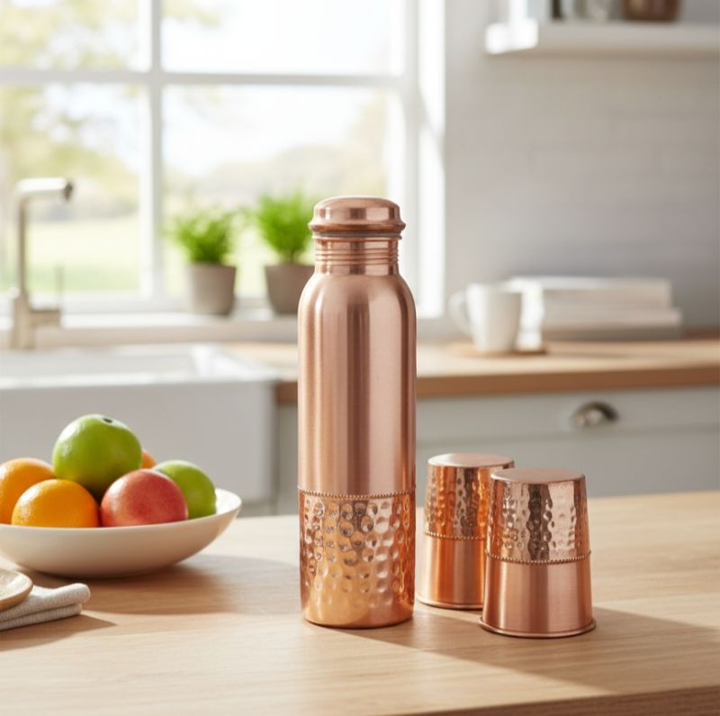 Copper Half Hammered Half Matt Finish Bottle with 2 Glass Set