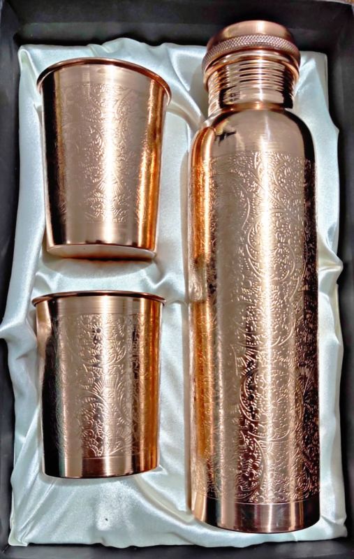 Designer Pure Copper Water Bottle with 2 Glass Set