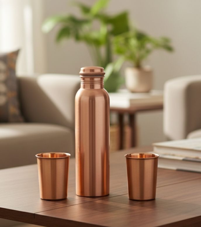 Matt Finish Pure Copper Bottle with 2 Glass Set