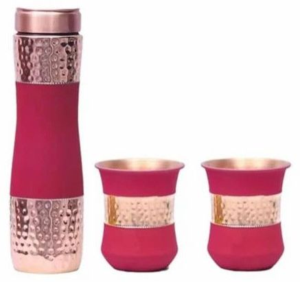 Red Silk Finish Pure Copper Bottle with 2 Glass Set