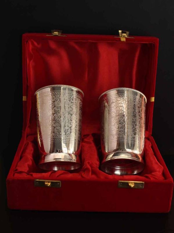 Brass Silver Plated Embossed Design Glass Set