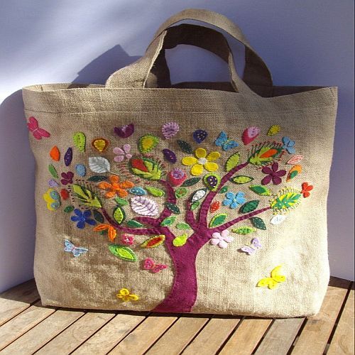 Brown Embroidered Jute Tote Bag