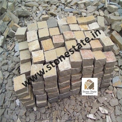 Plain Non Polished Sandstone yellow multicolor cobble pavers stone