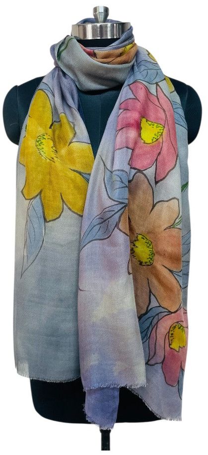 Wool Silk Hand Printed Flower Pattern Scarves