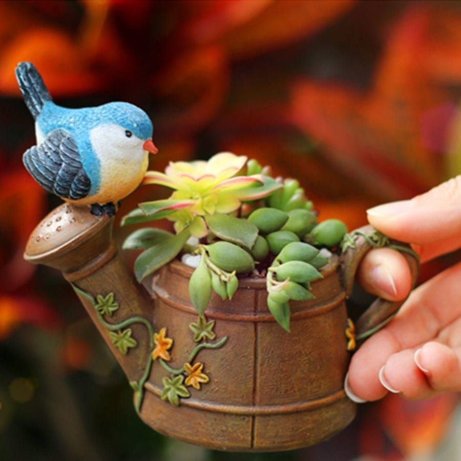 Bird on Kettle Resin Flower Pot