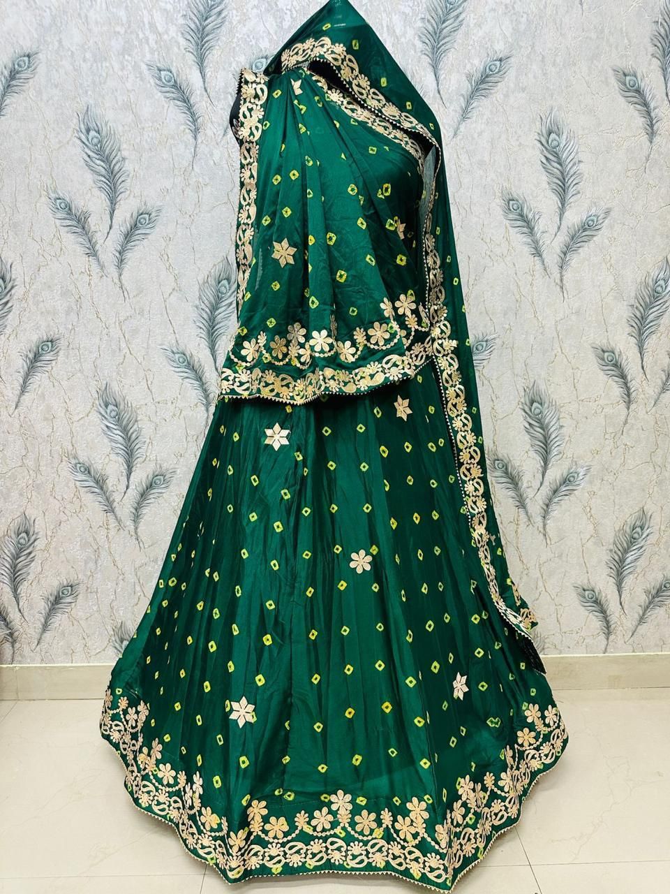 Green Embroidered Chinon Silk Lehenga Choli