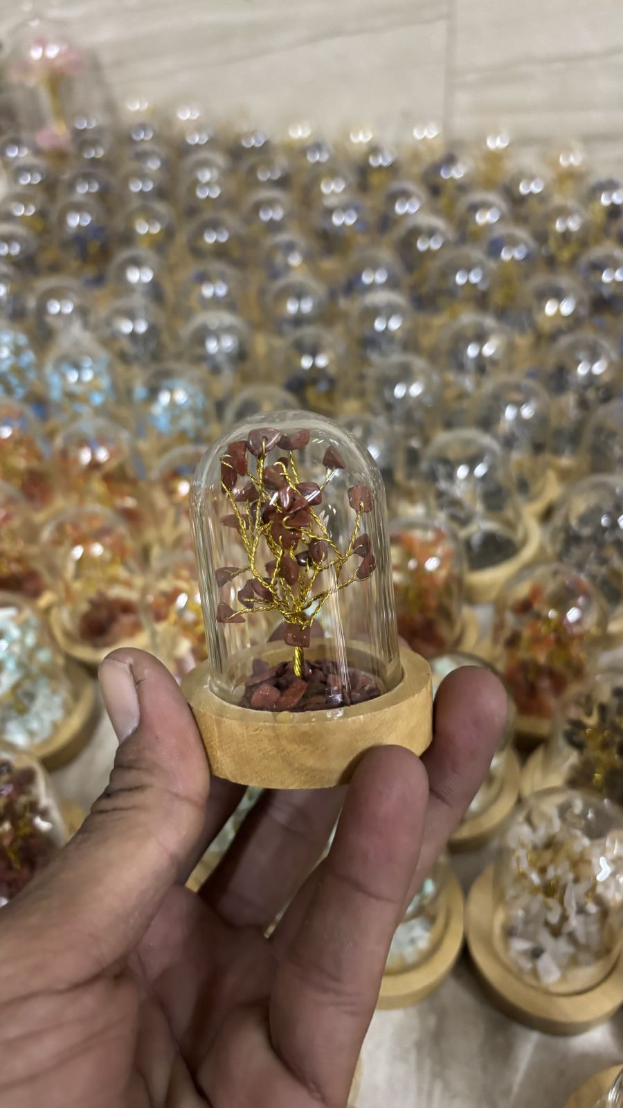 Natural Crystals Stone Tree with Glass Cover & Wooden