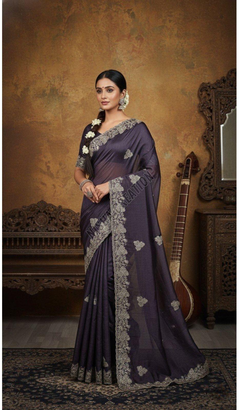 Black Coral Embroidery Silk Saree