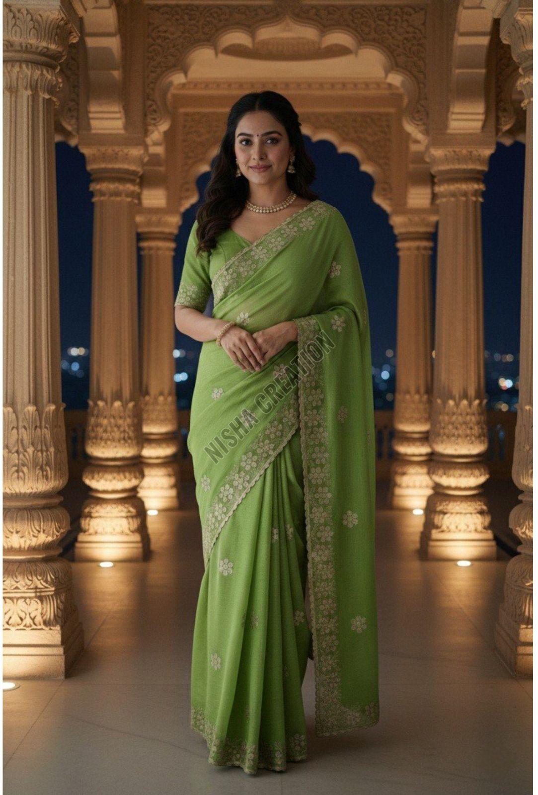Light Green Embroidery Silk Saree