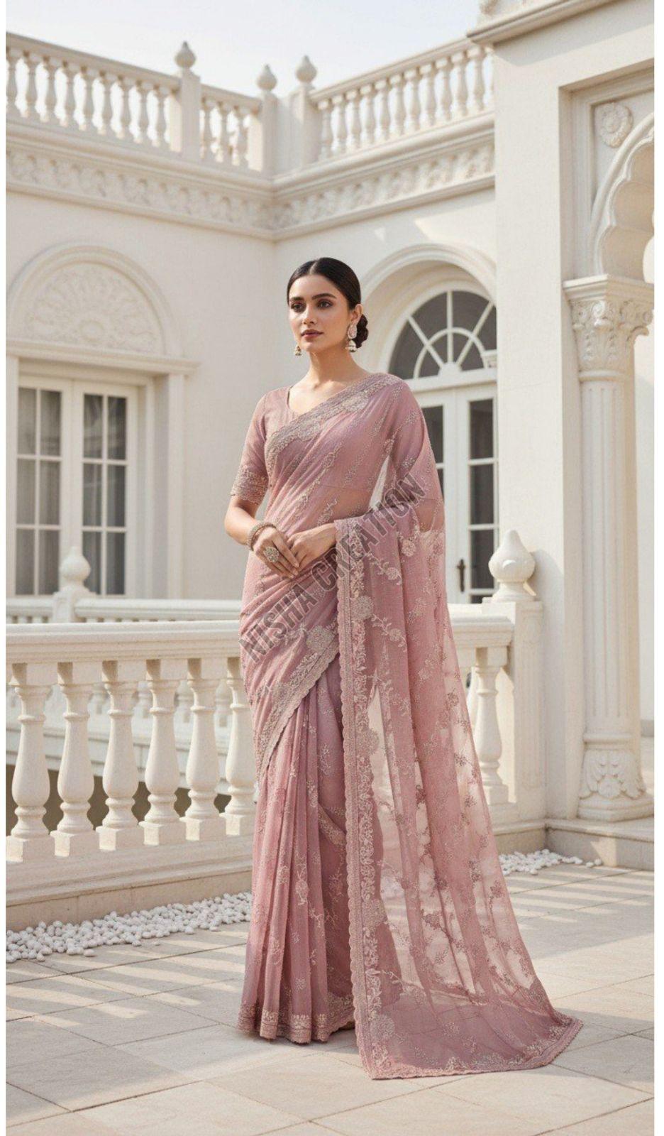 Light Pink Embroidery Silk Saree