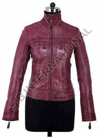 Maroon Belted Women Leather Coat