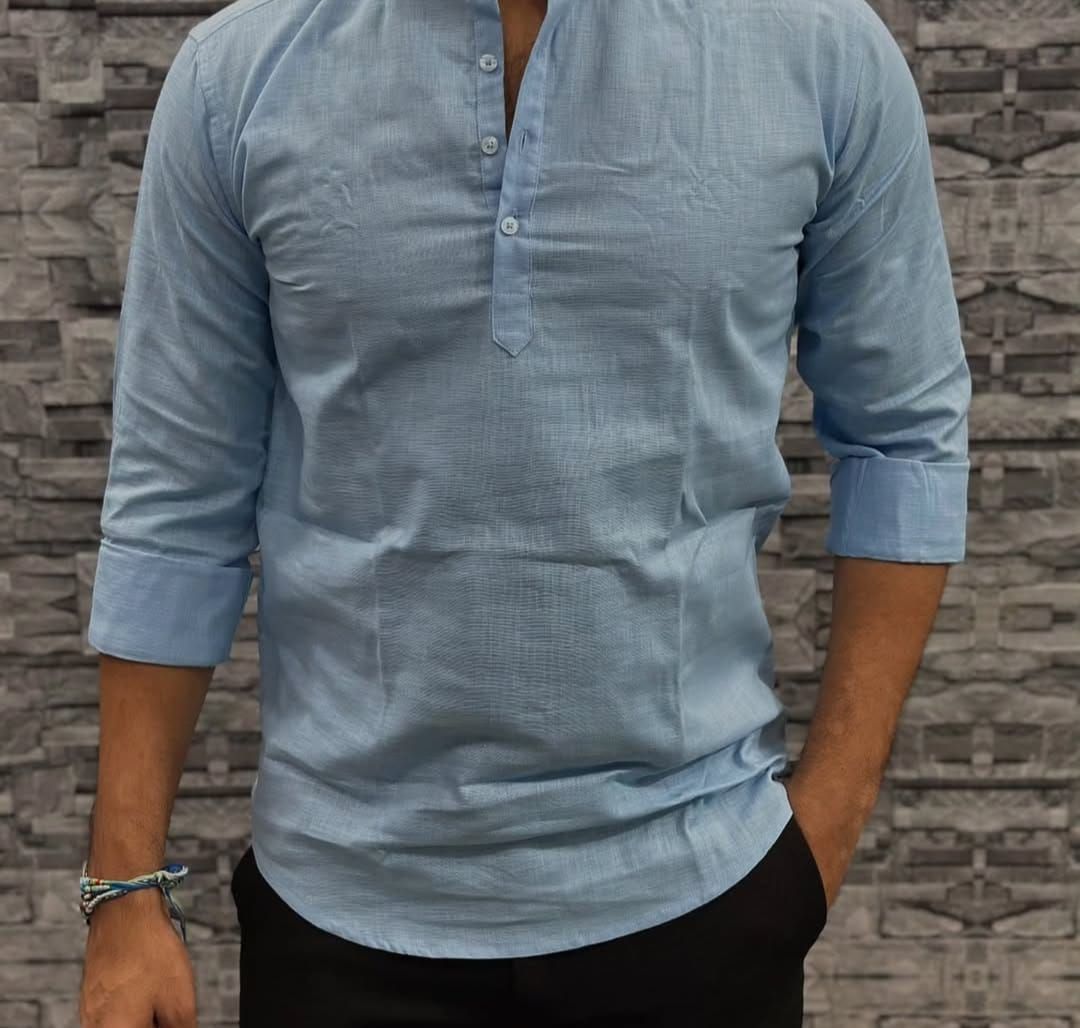 Sky Blue Cotton Plain Men Short Kurta