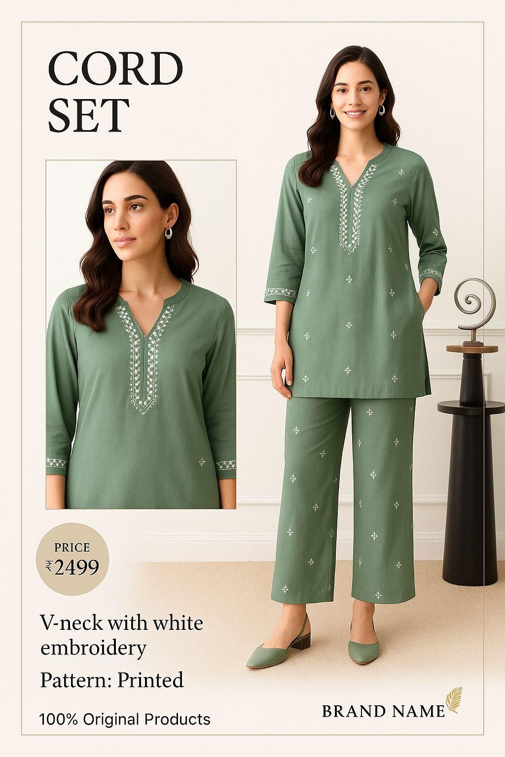 V-Neck with White Embroidery Cord Set