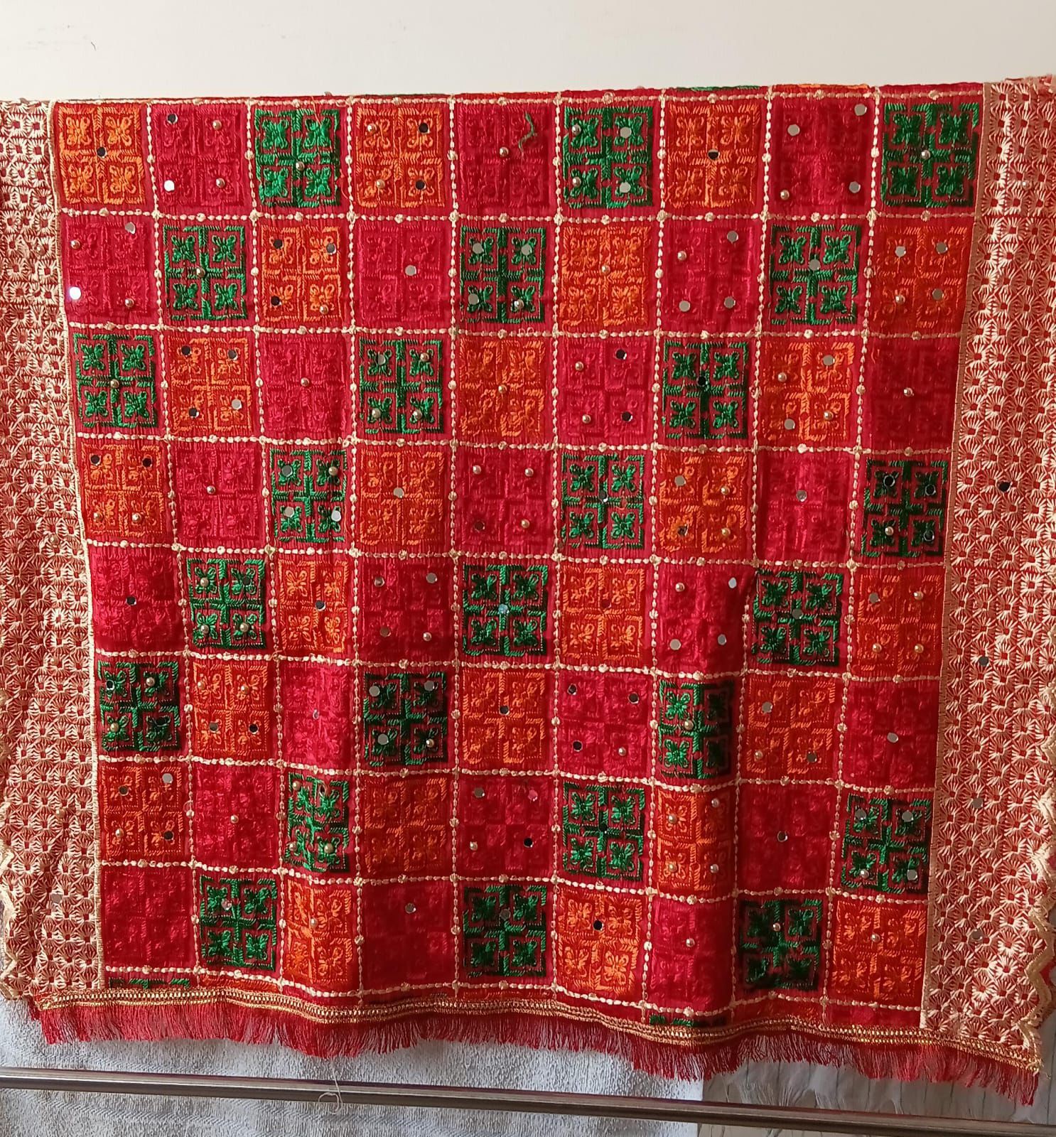 Ladies Red Mirror Embroidery Phulkari Dupatta