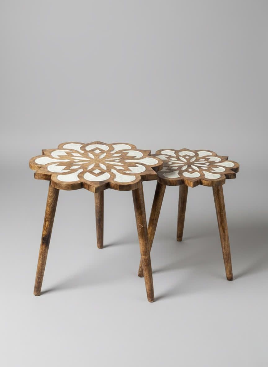 Floral Wooden Side Table Set