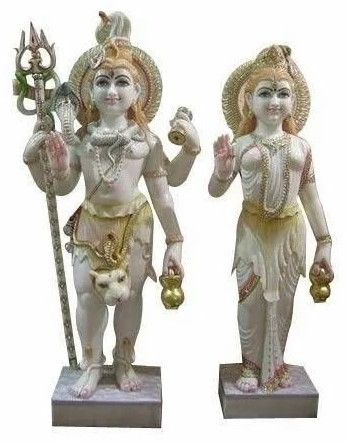 Shiva Parvati Painted Marble Statue Pair