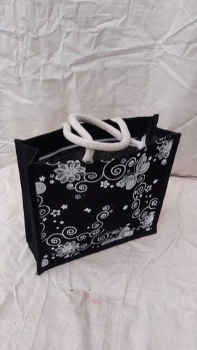 Black Floral Print Jute Bag