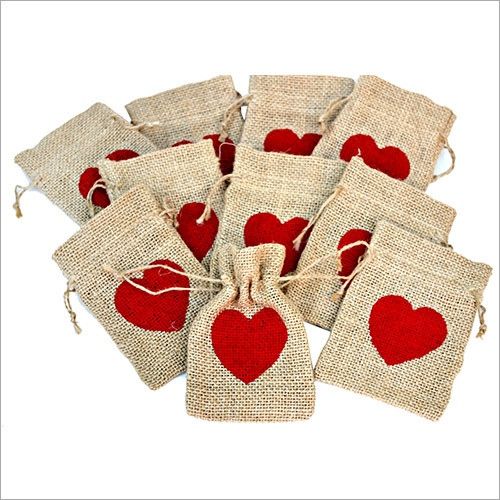 Heart Print Jute Drawstring Gift Pouches