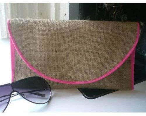 Jute Envelope Clutch with Pink Piping