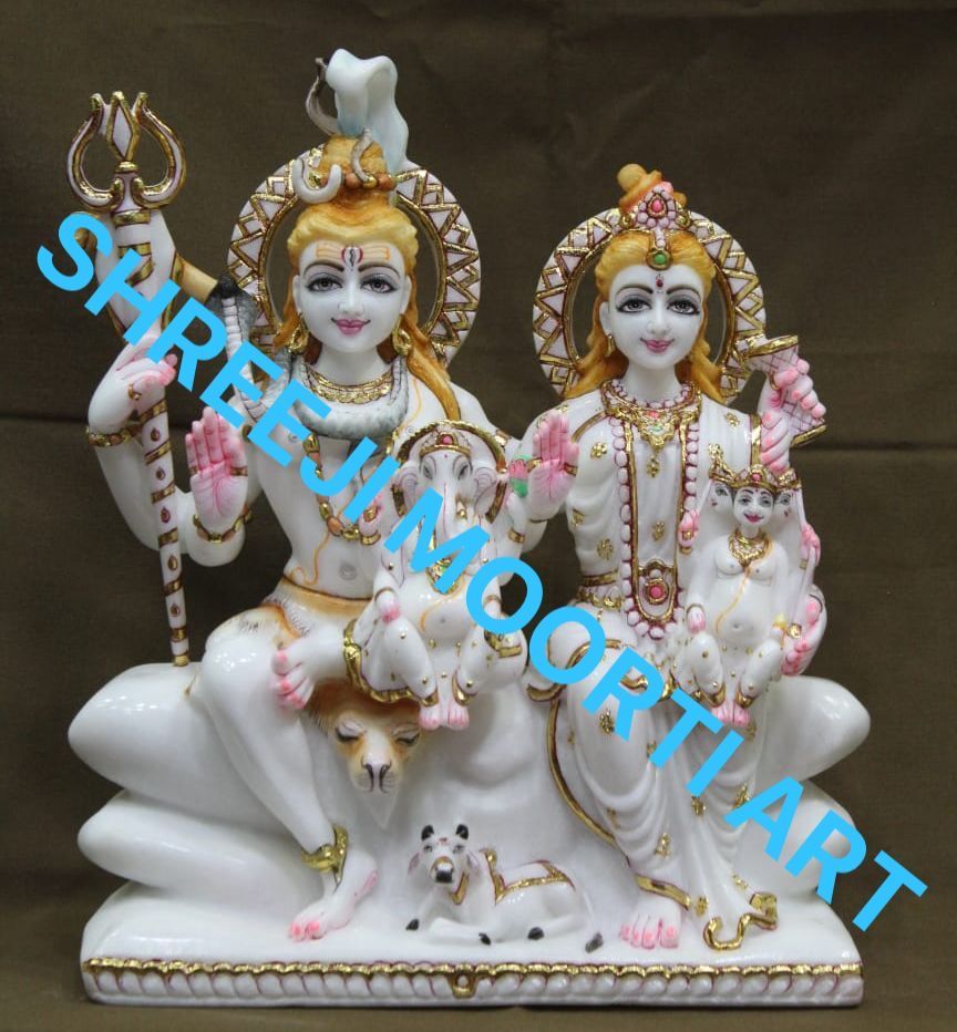 White With Gold Shiv Parvati Marble Statue