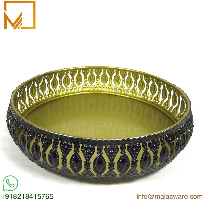 Black Gold Metal Decorative Pooja Thali Filigree Round Tray