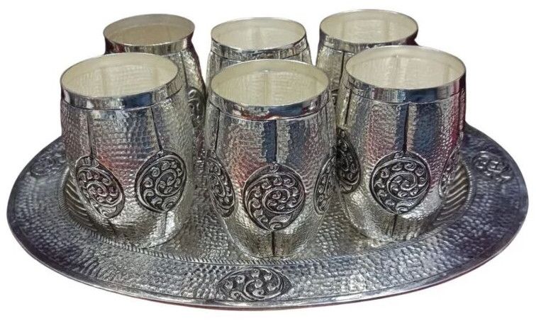 925 Pure Silver Stylish Glasses and Tray Set in Antique Hammering