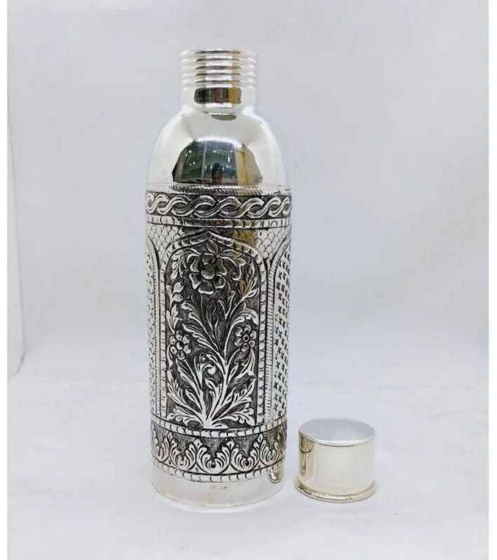 Hallmarked Silver Bottle in Fine Antique Temple Design Carving