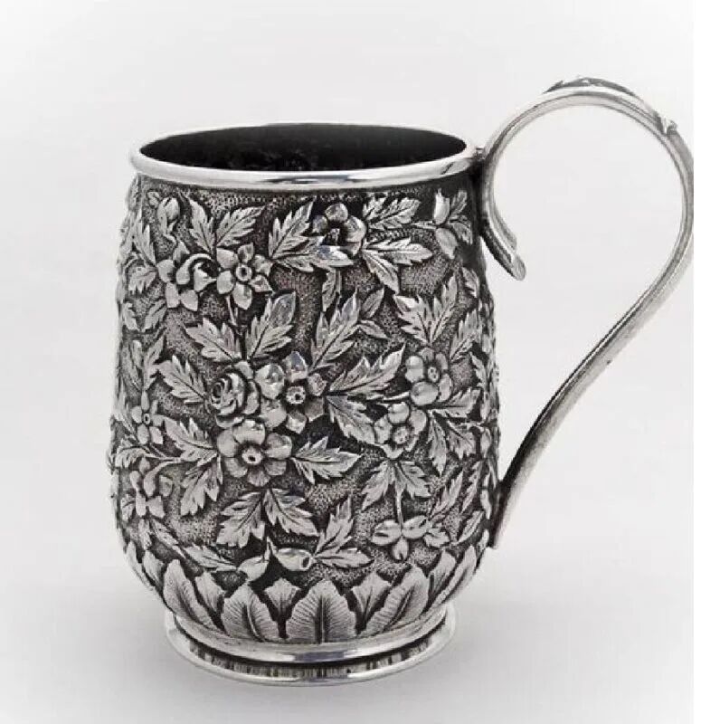 Puran Sterling Silver Deep Floral Carving Beer Mug with Long Handle