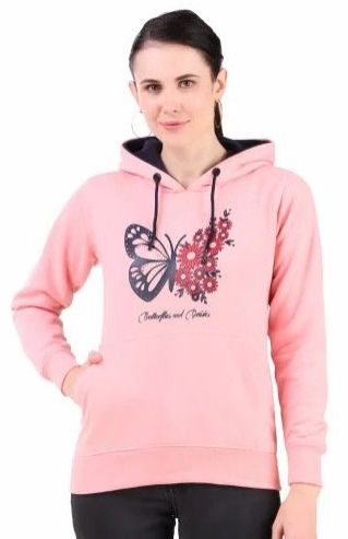 Ladies Light Pink Butterfly & Flower Print Hoodie