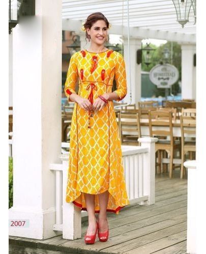 Ladies Mustard Embroidered A Line Kurti