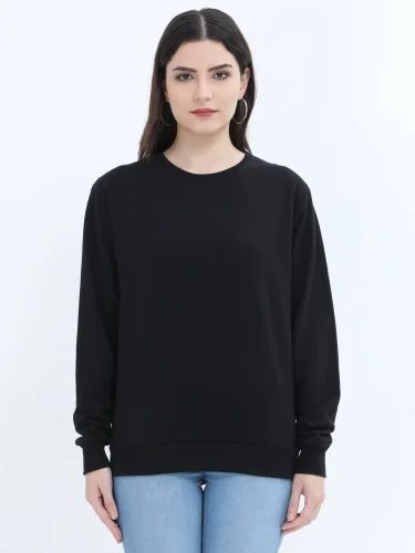 Ladies Solid Black Crew Neck Sweatshirt