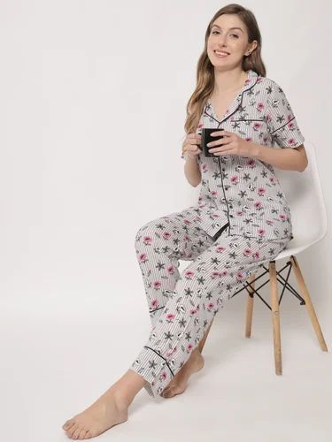 Ladies White Printed Floral Striped Pyjama Set