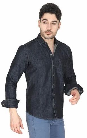 Mens Black Denim Look Button-Up Shirt