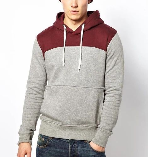 Mens Grey & Maroon Block Fleece Hoodie