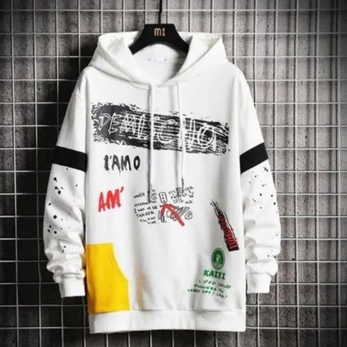 Mens White Multi Graphic Streetwear Hoodie