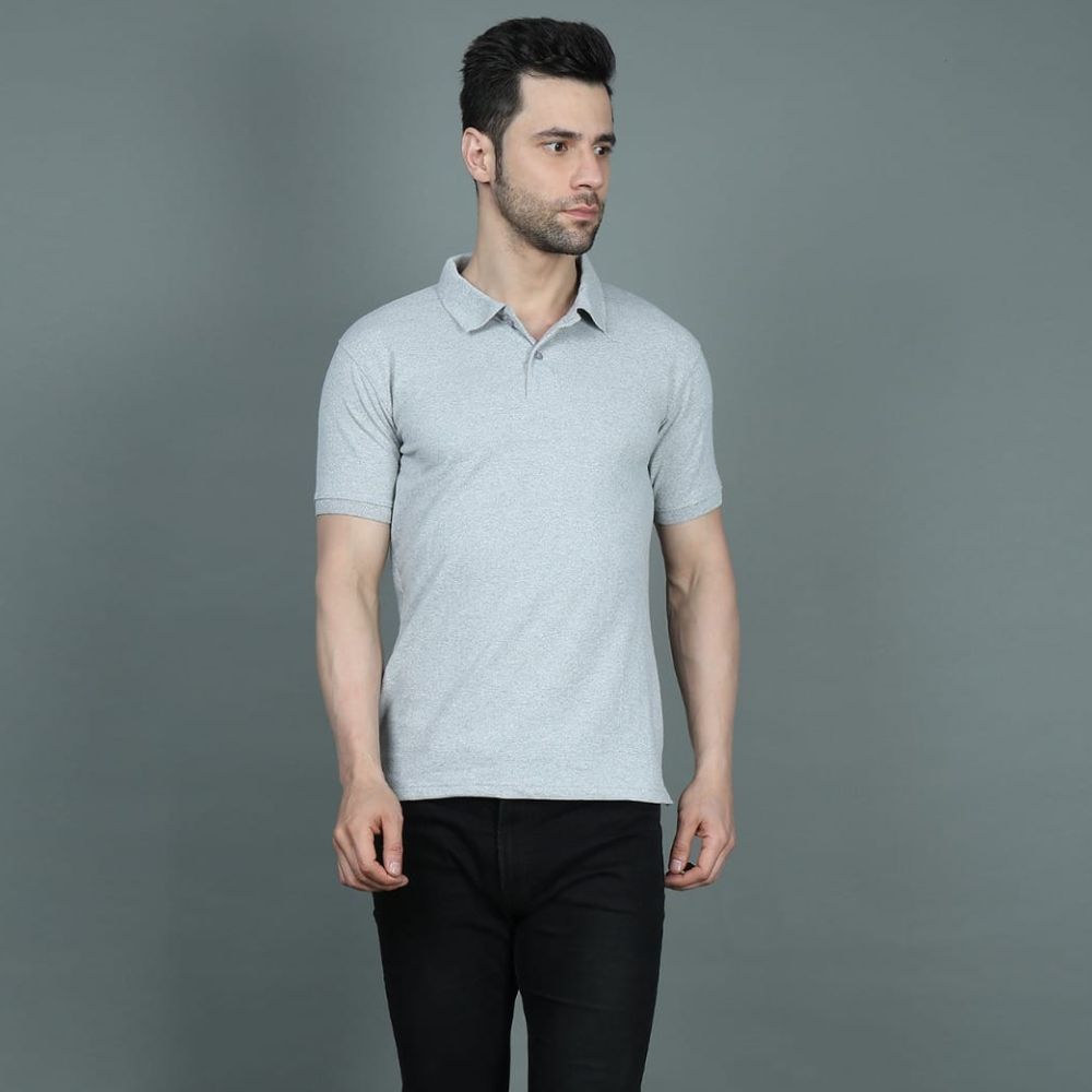Mens Grey Cotton Polo T-Shirts