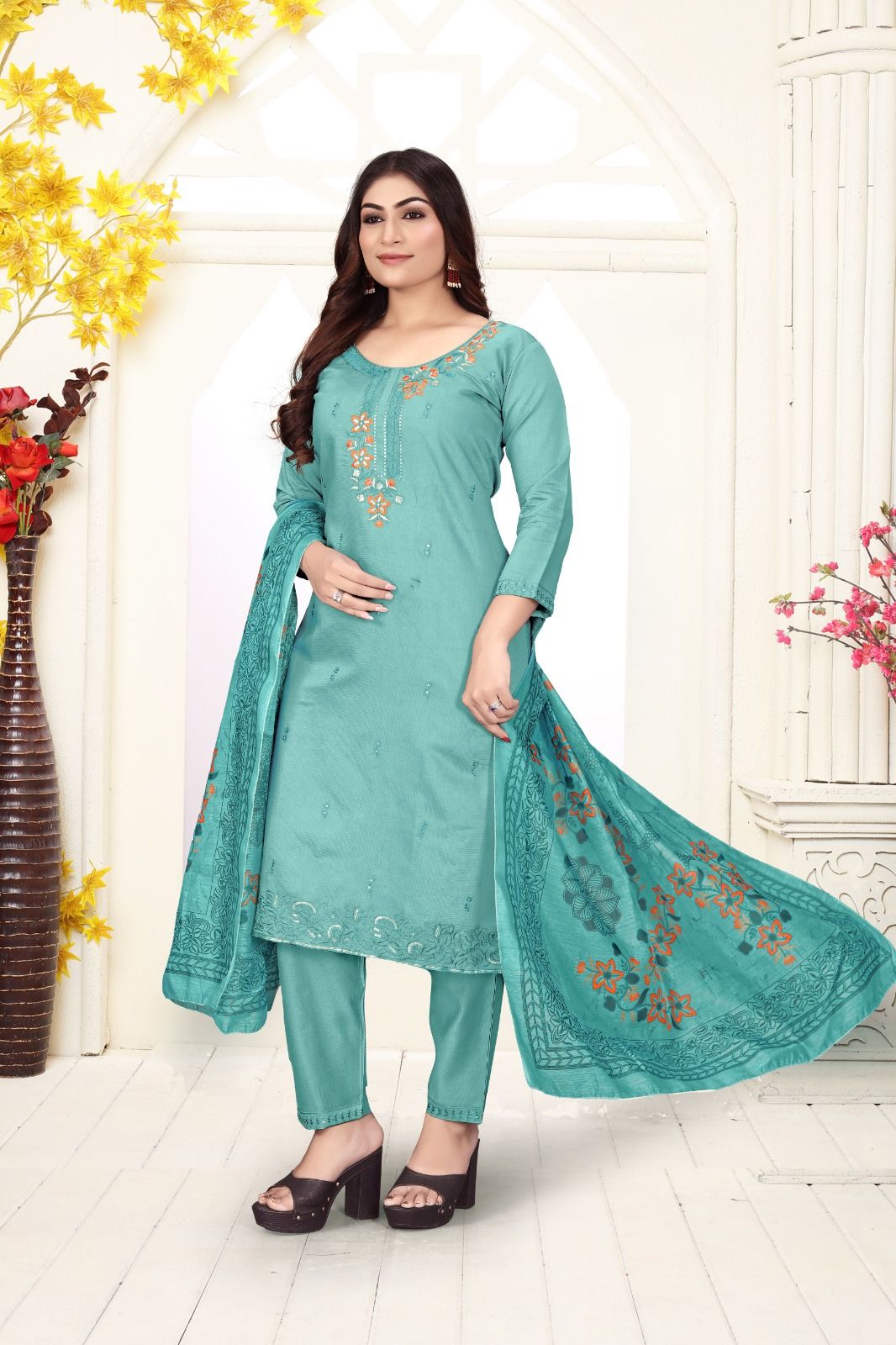 Mint Teal Pure Gadhwal Embroidered Ladies Kurta Set