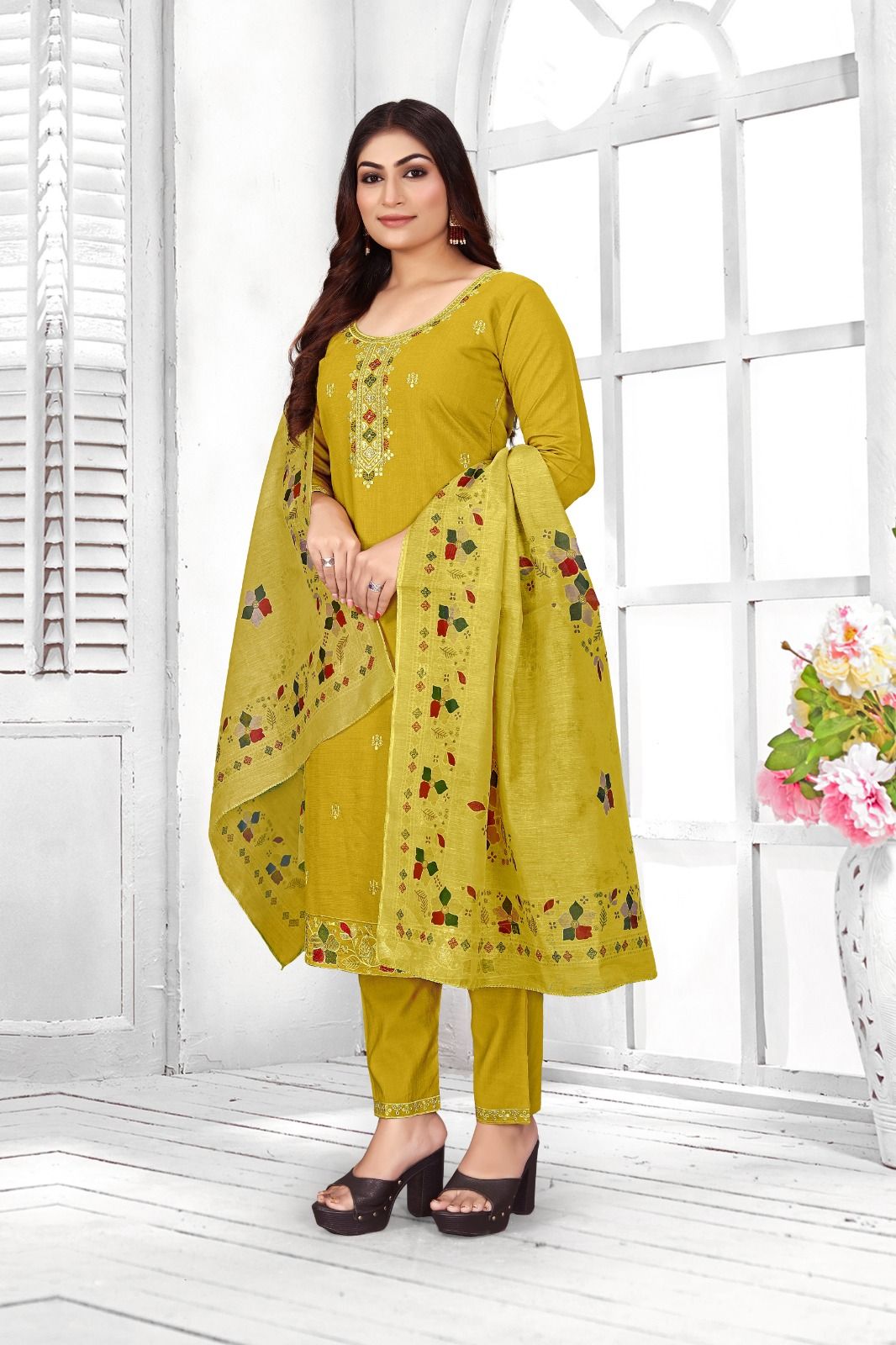 Antique Mustard Yellow Pure Cotton Embroidered Ladies Kurta Set