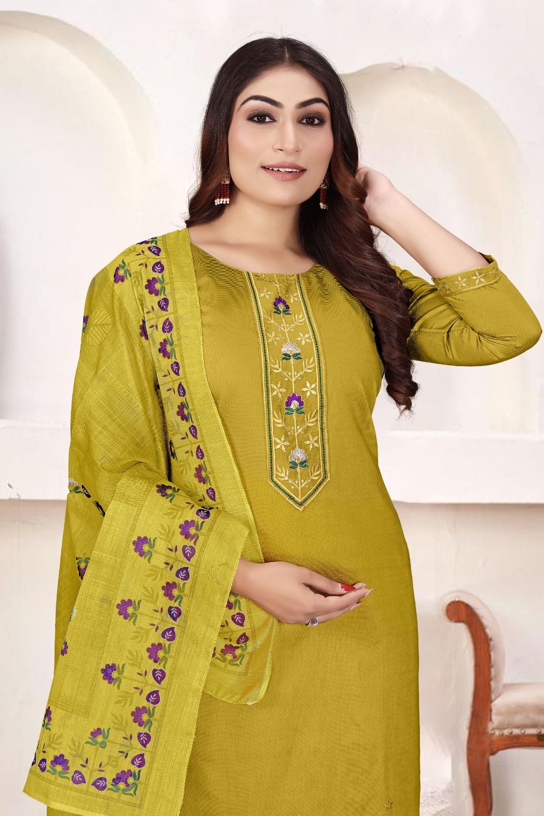 Mustard Gold Pure Gadhwal Embroidered Ladies Kurta Set